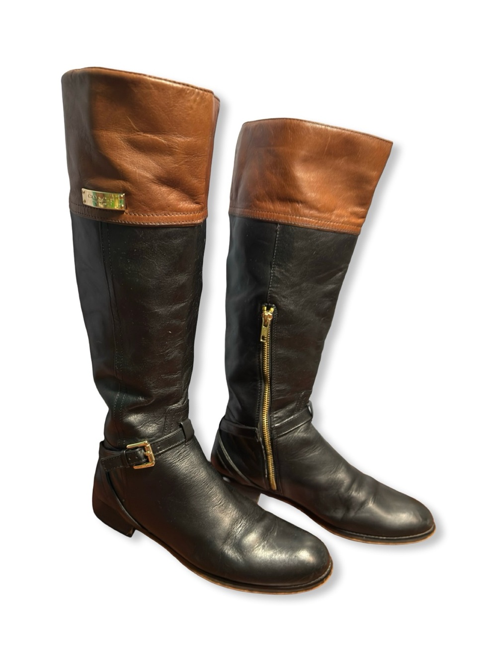Coach Micah Two-Tone Leather Knee-High Boot Black Cognac Women's 8.5